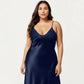 Plus Size Satin Chemise Nightgown with Lace Trim Neckline Adjustable Straps Side Slit Slip Dress