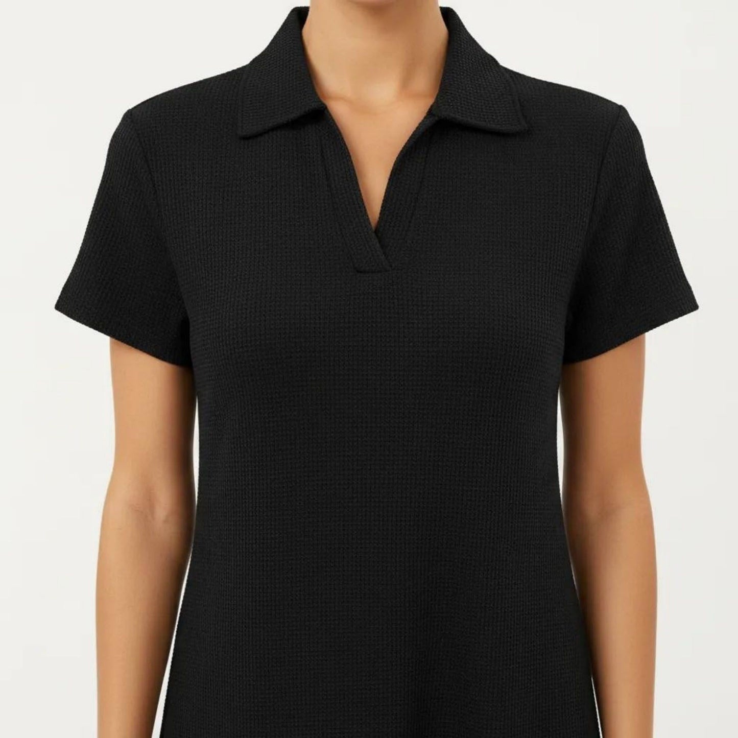 Short Sleeve Collared Mini Dress with Split V Neck Textured Knit Relaxed Fit Casual Dress