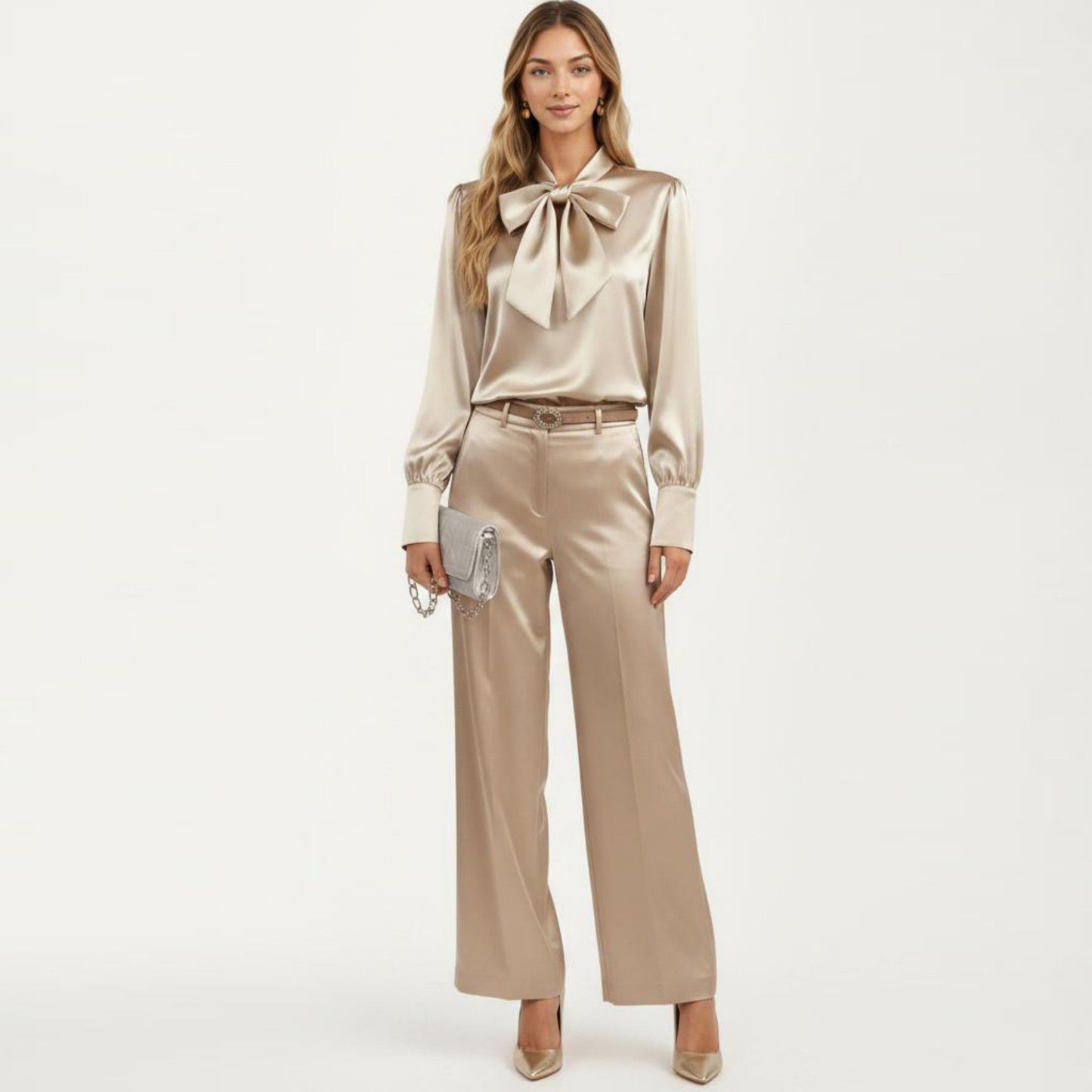 Satin Bow Neck Blouse with Long Puff Sleeves and Wide Cuffs