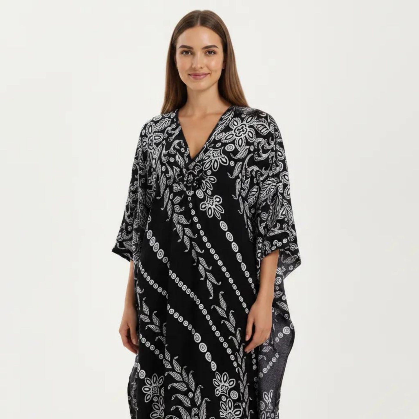 Floral Print Kaftan Maxi Dress with V-Neck Button Front and Flowy Batwing Sleeves