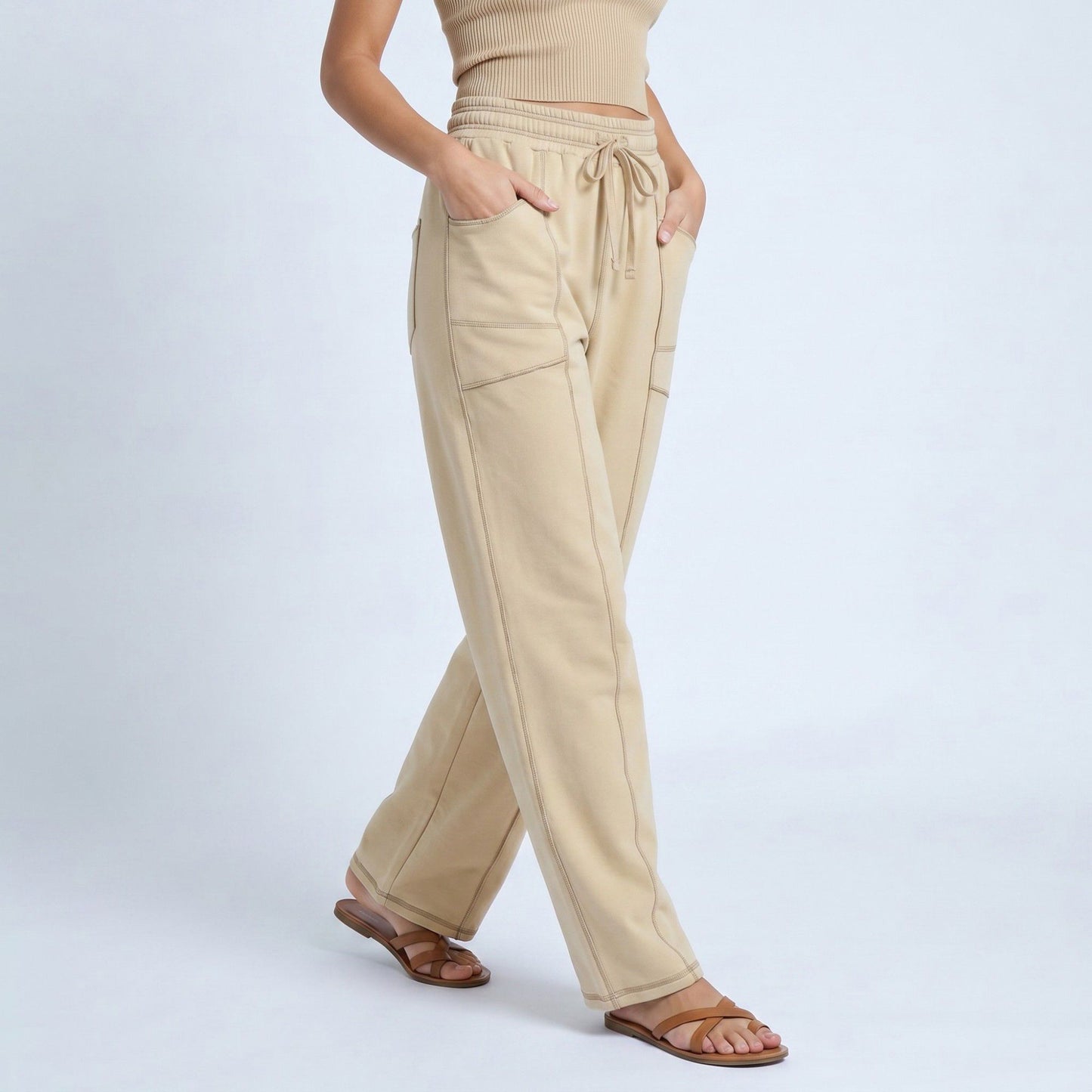 High Rise Drawstring Wide Leg Utility Pants with Patch Pockets