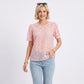 Sheer Floral Embroidered Top Pearl Neckline Short Sleeve Blouse