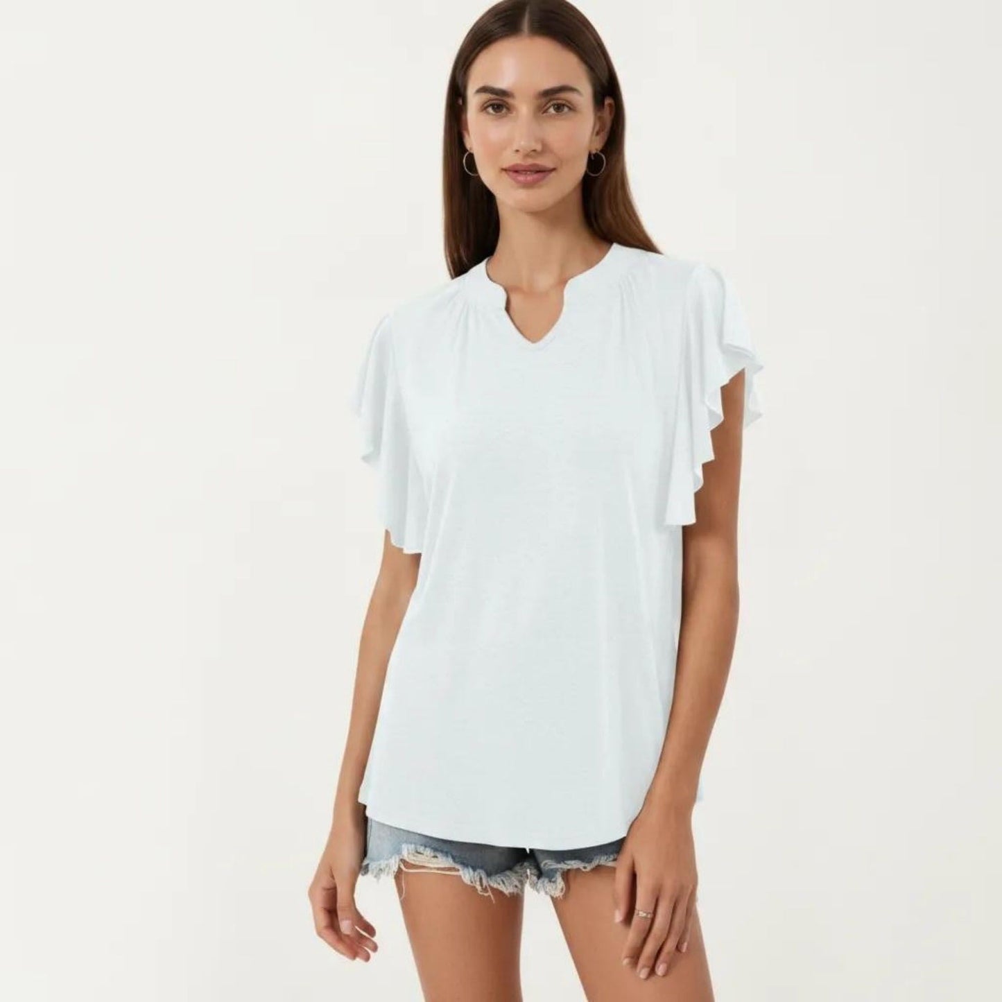 Short Sleeve Top with Flutter Ruffle Sleeves and Split V Neck Relaxed Fit Casual Shirt