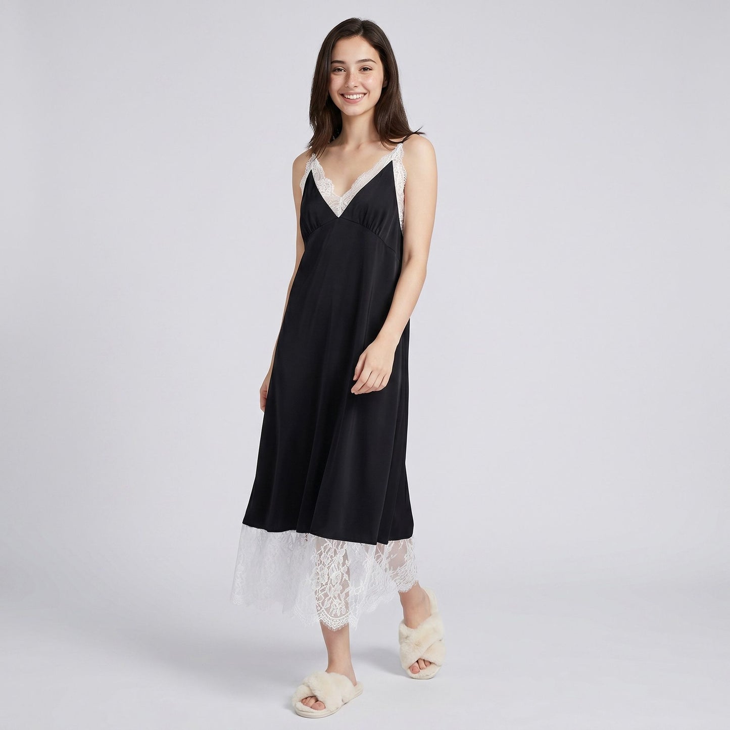 Sleeveless Slip Dress with Lace Trim V Neck and Midi Length