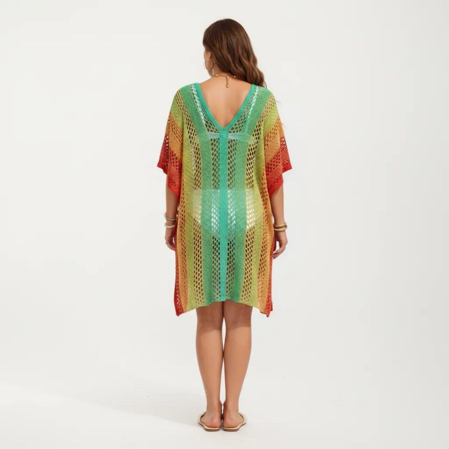 Ombre Crochet Swim Cover Up Dress with Open Knit Mesh Design V Neck Short Sleeves Relaxed Fit