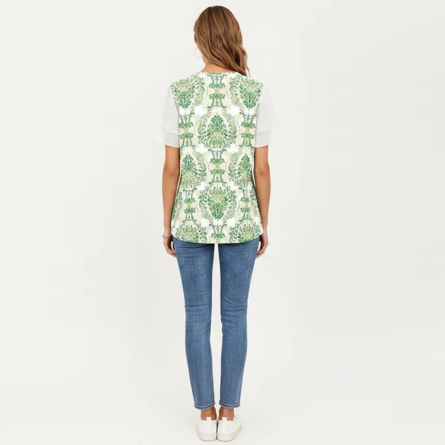 Short Sleeve Top with Leopard Print Mesh Sleeves Round Neck Relaxed Fit Casual Shirt