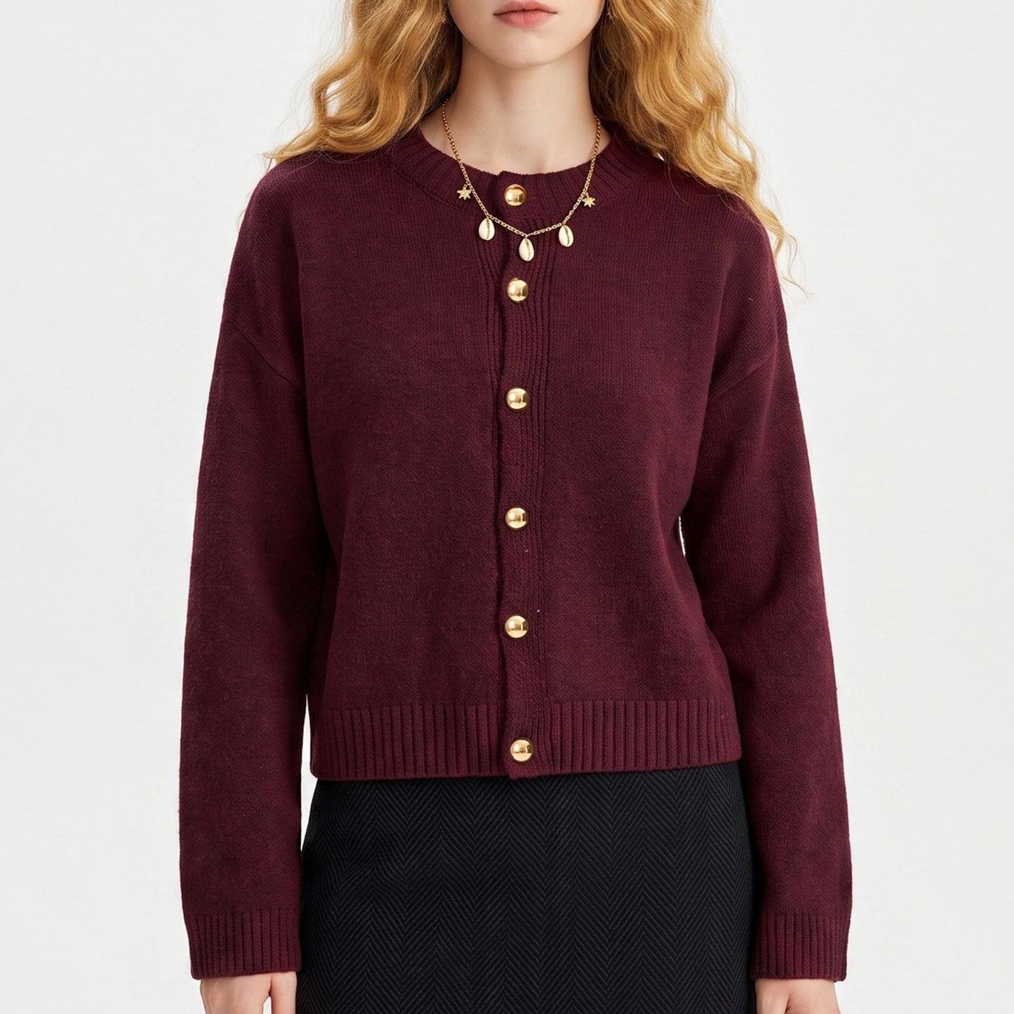 Gold Button Crewneck Cardigan Sweater