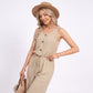 Sleeveless Button Front Jumpsuit with Crochet Lace Back