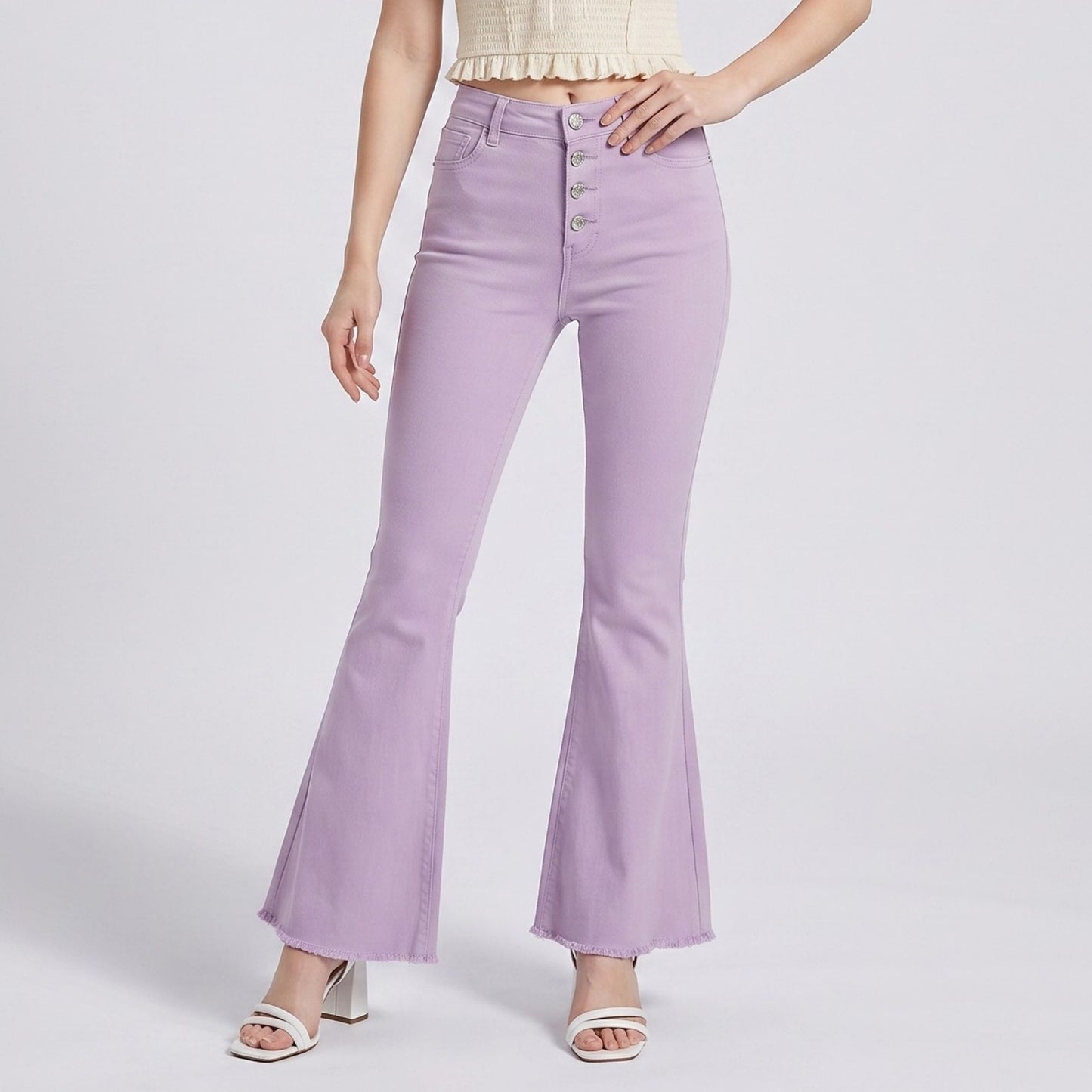 High Rise Flare Pants Button Front Stretch Wide Leg Hem Pants
