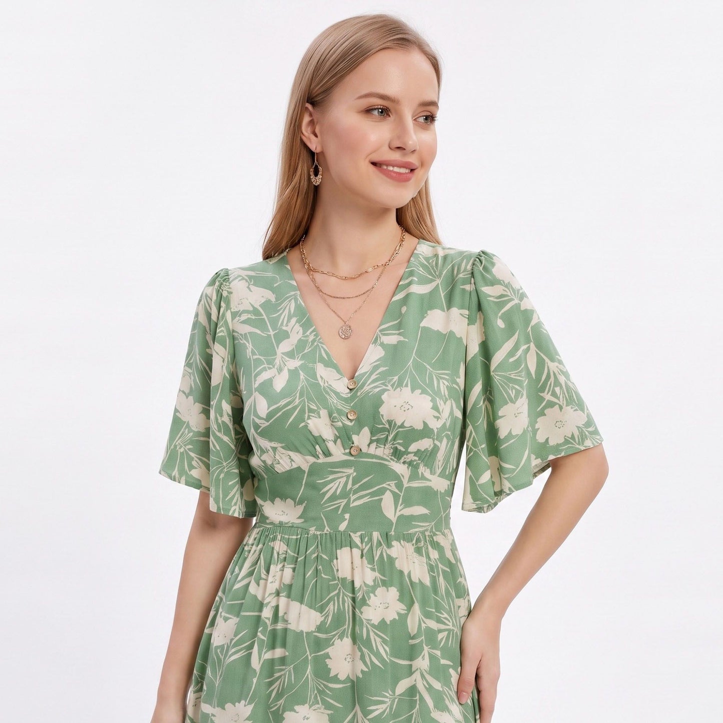 Floral Print Flutter Sleeve Smocked Waist Midi Dress