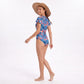 Floral Short Sleeve Zip Front One Piece Rash Guard Swimsuit