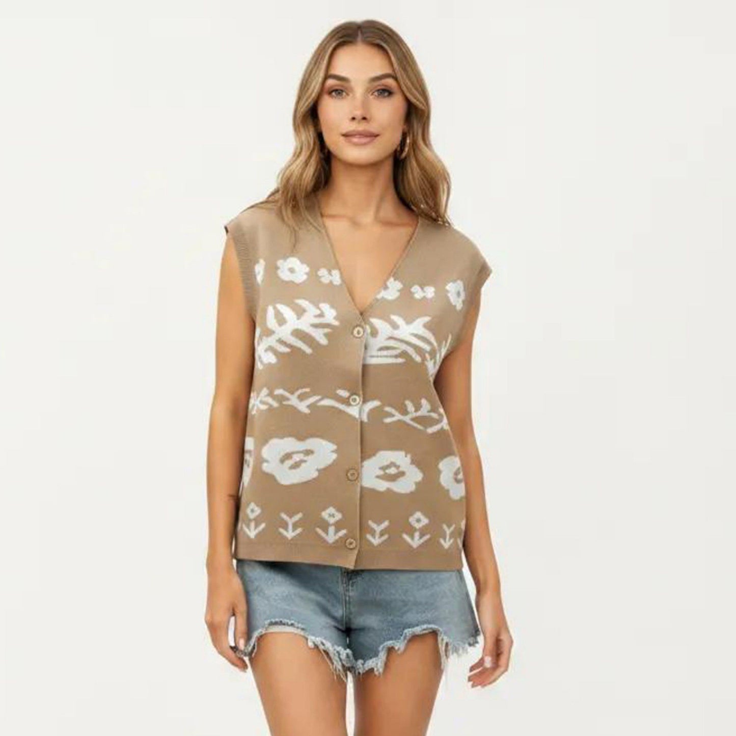 Sleeveless Floral Knit Vest Top with V-Neck Front and Button Detail