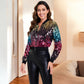 Sequin Bomber Jacket with Striped Ribbed Trim and Zip Front