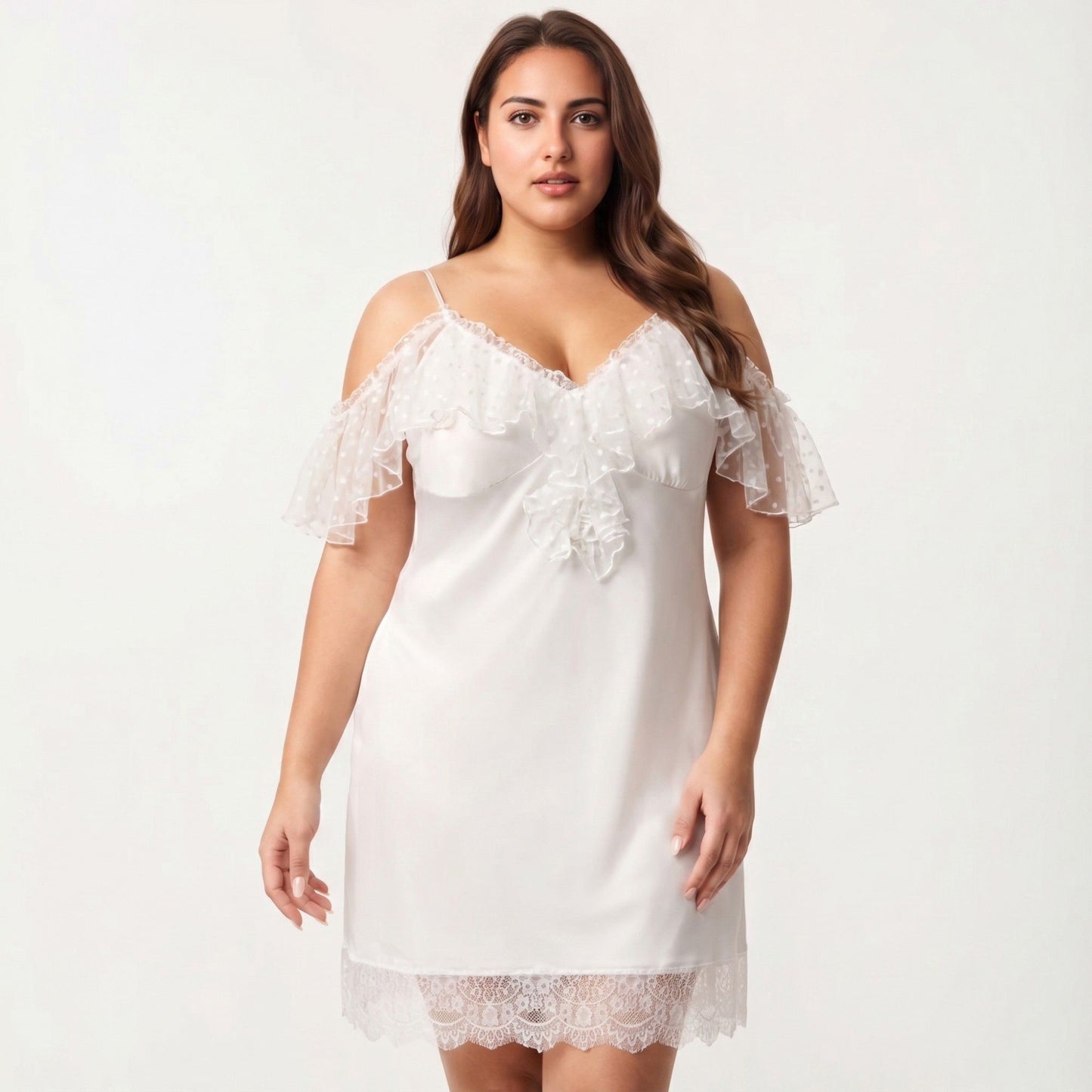 Plus Size Chiffon Chemise Ruffle Sleeve Lace Trim Nightgown Adjustable Strap Sleep Dress