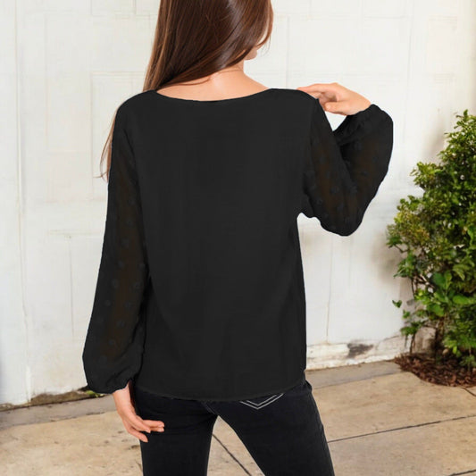 Sheer Sleeve V-Neck Blouse with Delicate Dot Embroidery