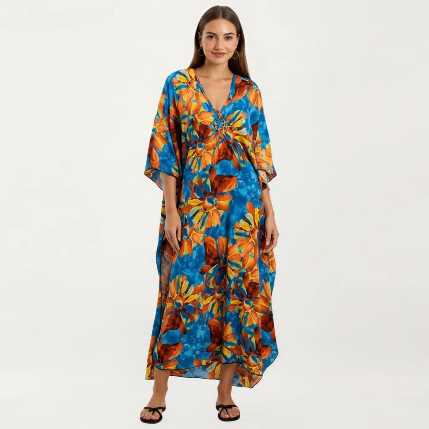 Floral Print Kaftan Maxi Dress with V-Neck Button Front and Flowy Batwing Sleeves