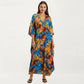 Floral Print Kaftan Maxi Dress with V-Neck Button Front and Flowy Batwing Sleeves