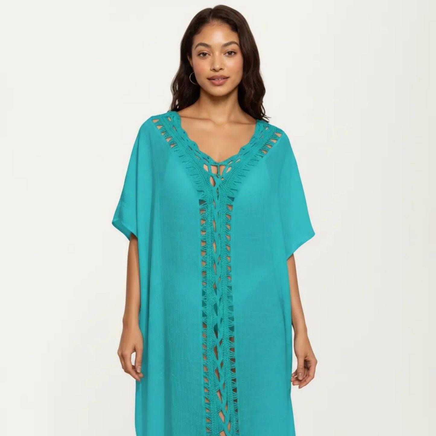 Crochet Trim Swim Cover Up Dress Loose Short Sleeve Lightweight Beach Kaftan