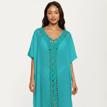 Crochet Trim Swim Cover Up Dress Loose Short Sleeve Lightweight Beach Kaftan