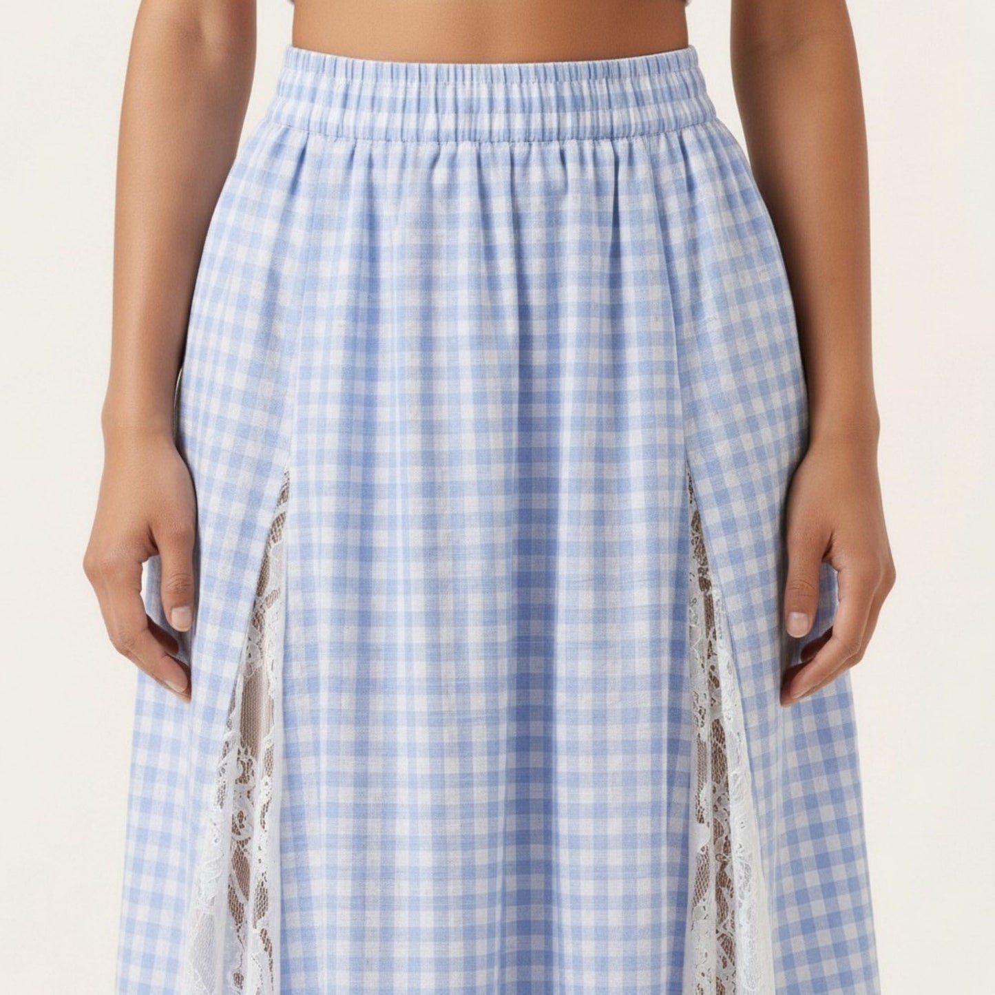 Gingham Maxi Skirt Lace Panel High Waist A Line Flowy Lightweight Casual Skirt