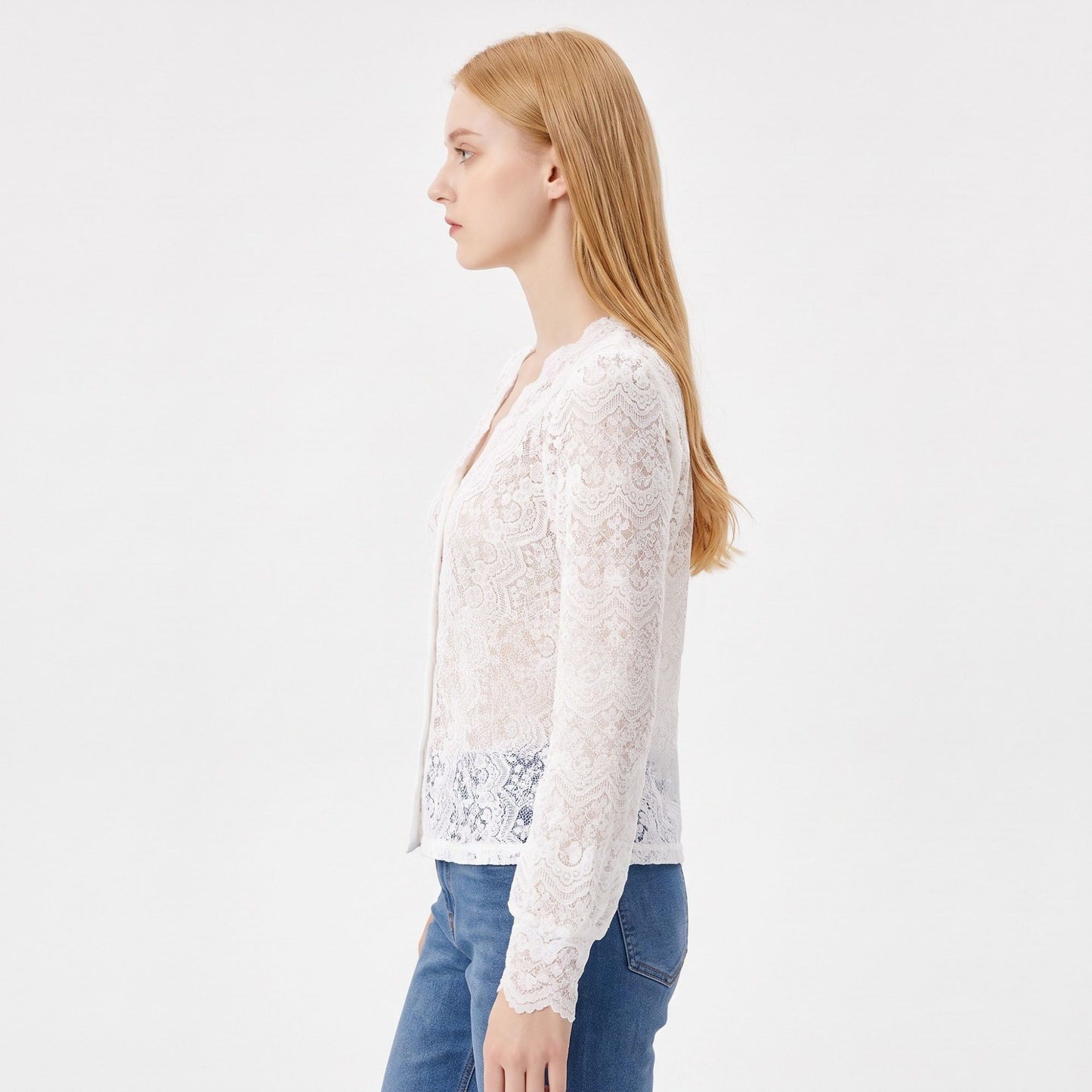 Elegant Scalloped V-Neck Lace Button-Down Top