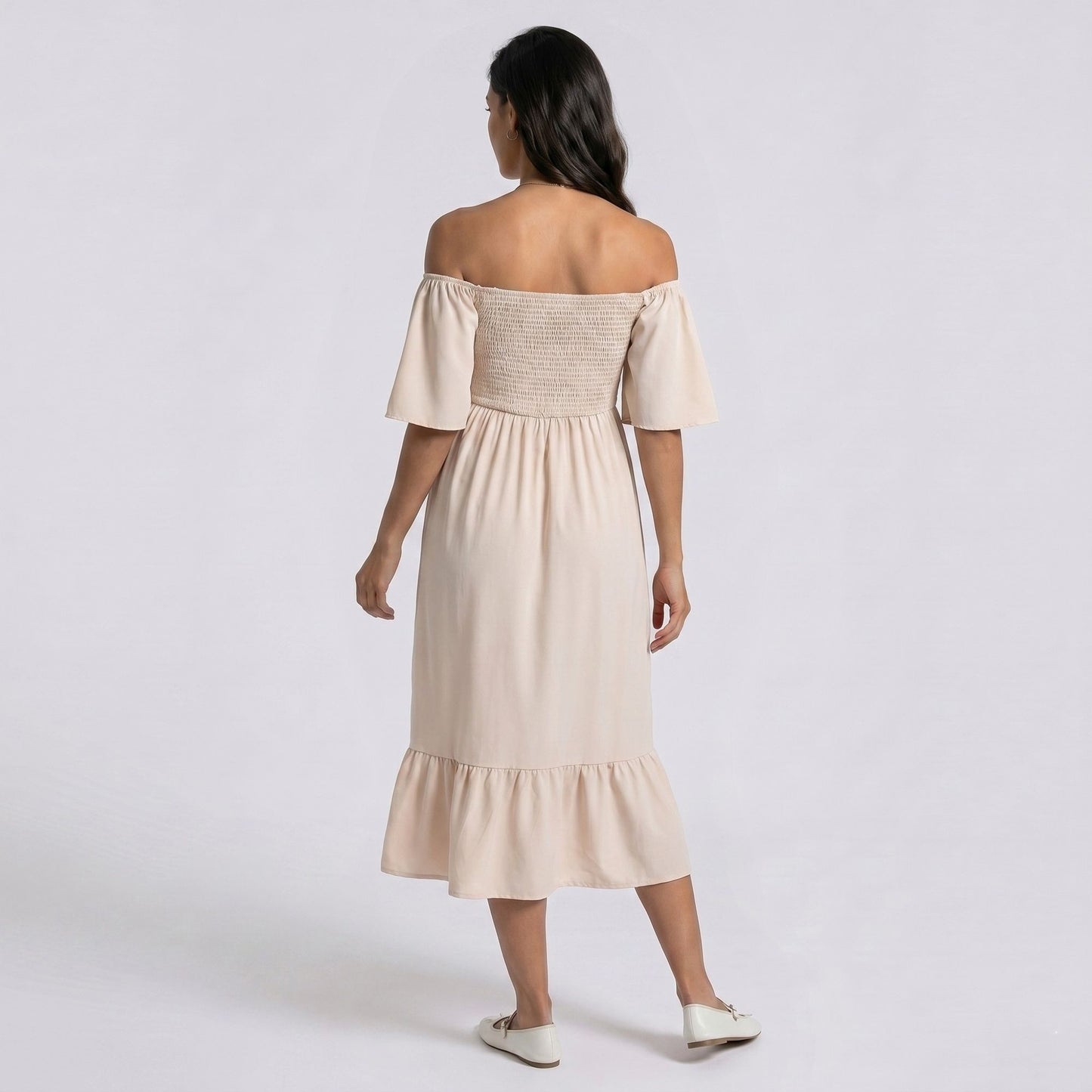 Maternity Off Shoulder Smocked Maxi Dress with Short Sleeves and Flowy Skirt
