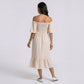 Maternity Off Shoulder Smocked Maxi Dress with Short Sleeves and Flowy Skirt