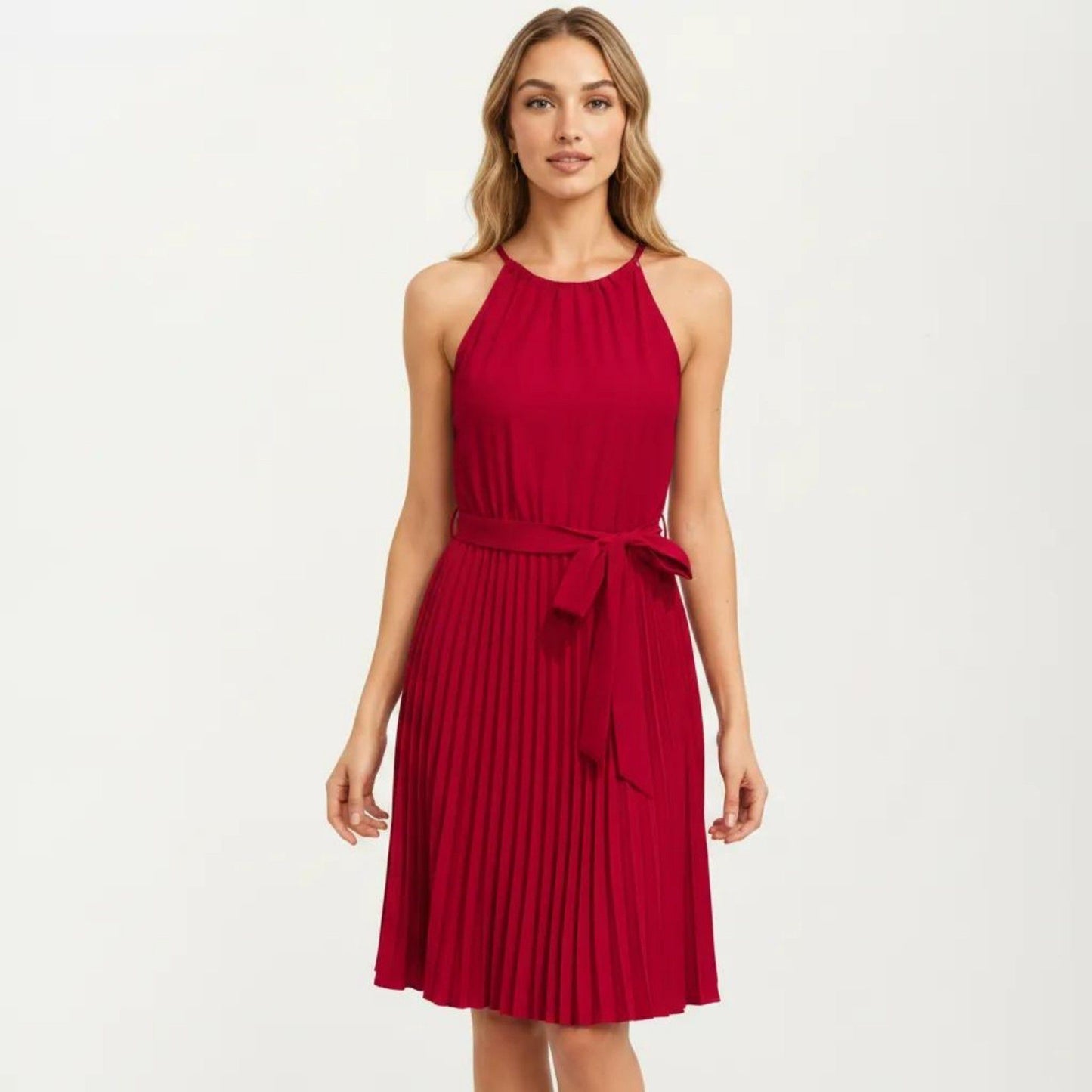 Sleeveless Halter Midi Dress with Pleated Skirt and Waist Tie