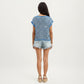Short Sleeve Striped Crochet Knit Top with Open Stitch Texture and Relaxed Fit