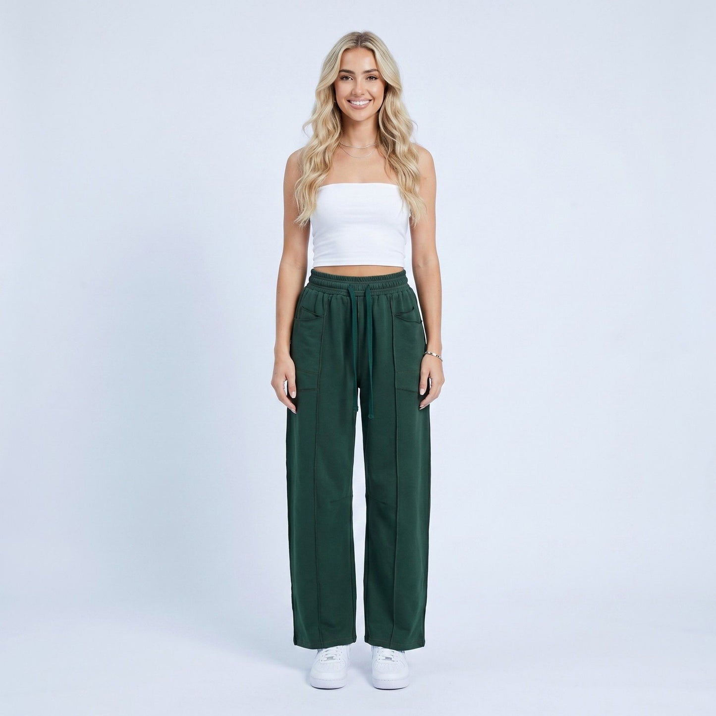 High Rise Drawstring Wide Leg Utility Pants with Patch Pockets