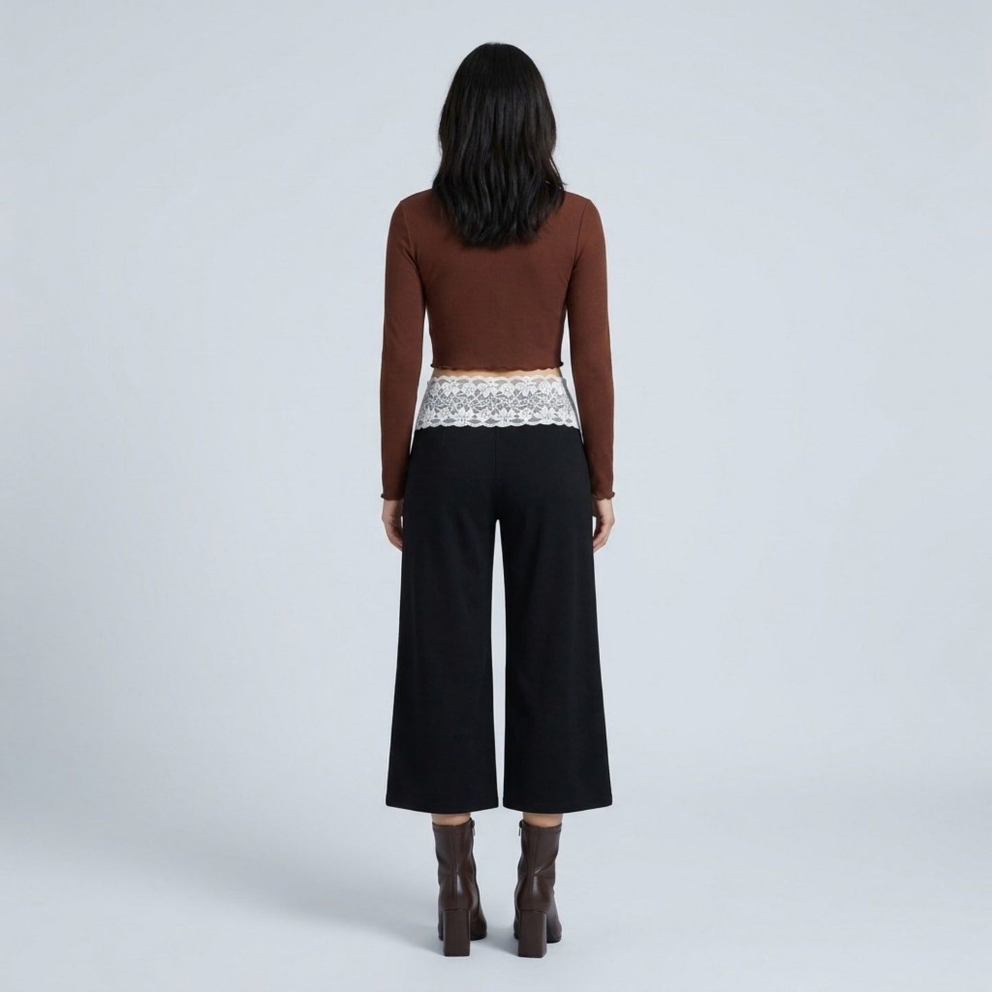 Lace Contrast Waistband Cropped Wide-Leg Trousers