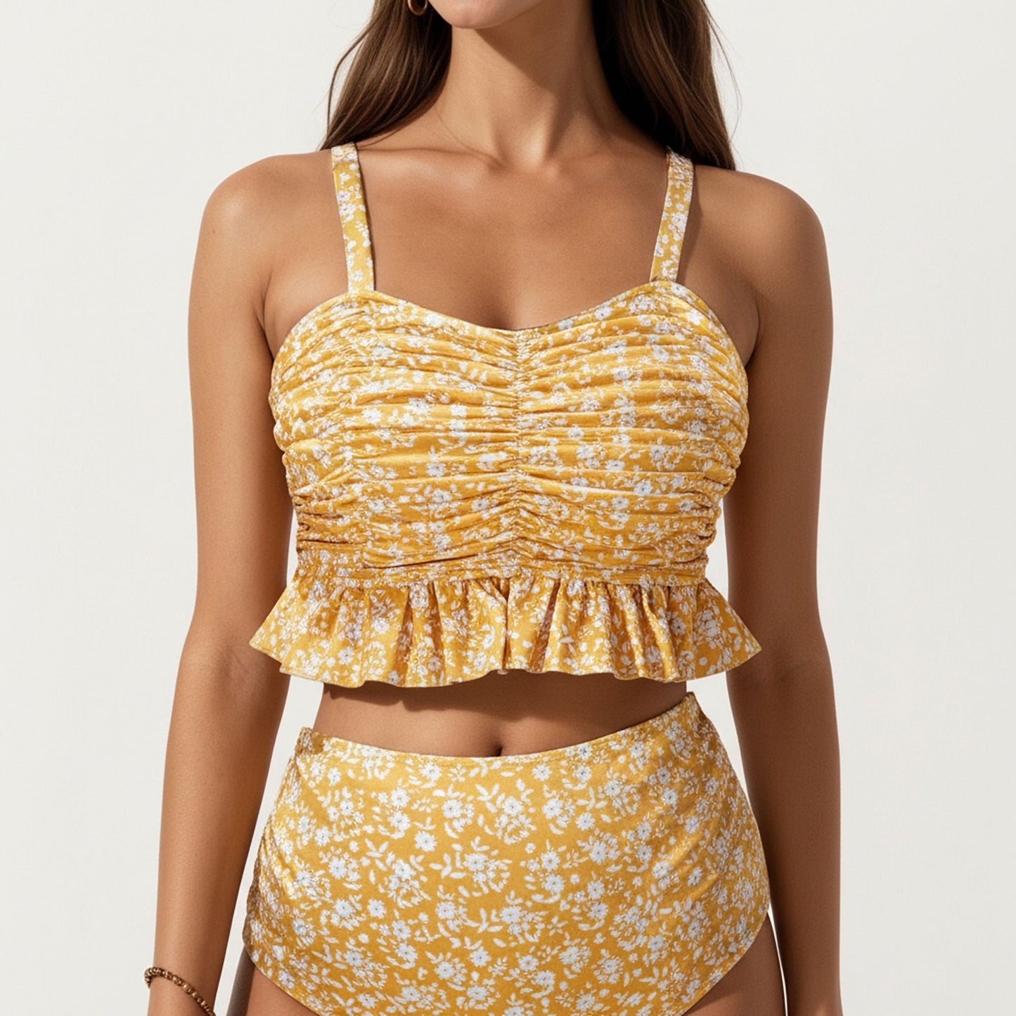 Floral Print Ruffled Maternity Bikini Set with High-Waisted Bottoms