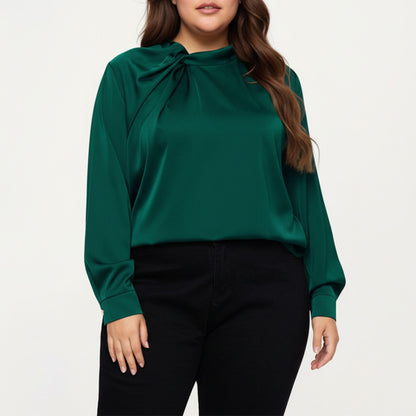 Plus Size Long Sleeve Blouse with Tie Neck Detail Relaxed Fit Silky Smooth Fabric