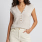 Striped Knit V-Neck Henley Top Button Front Cap Sleeve Sweater