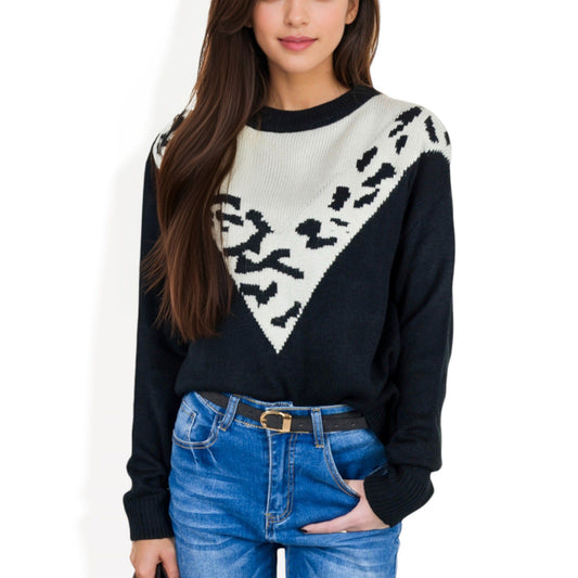 Crew Neck Sweater with Contrast Leopard Print Chevron Design