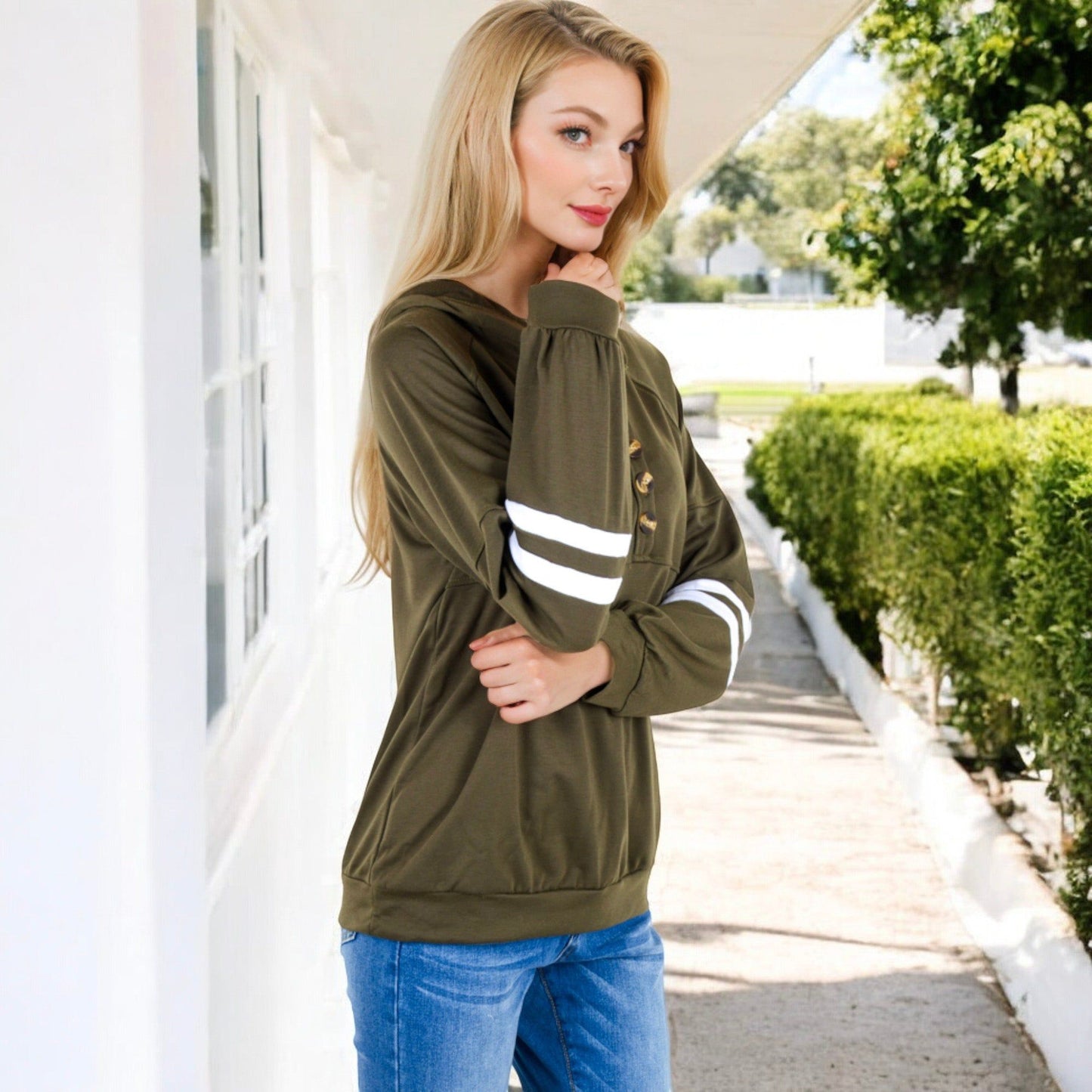 Button-Front Hoodie with Stripe Sleeve Detail Relaxed Fit