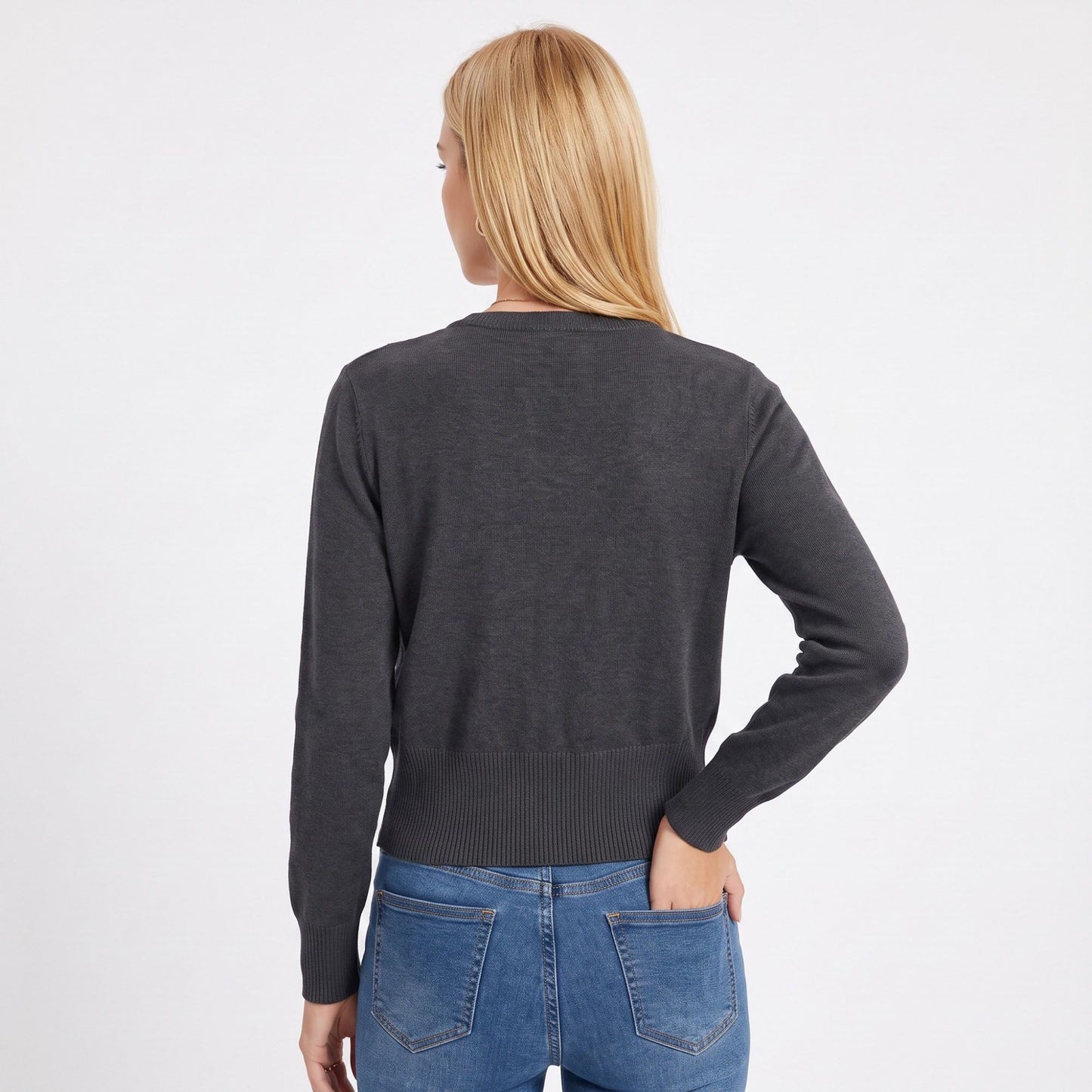 Knit Button-Down Cardigan Sweater with Neck Scarf Detail