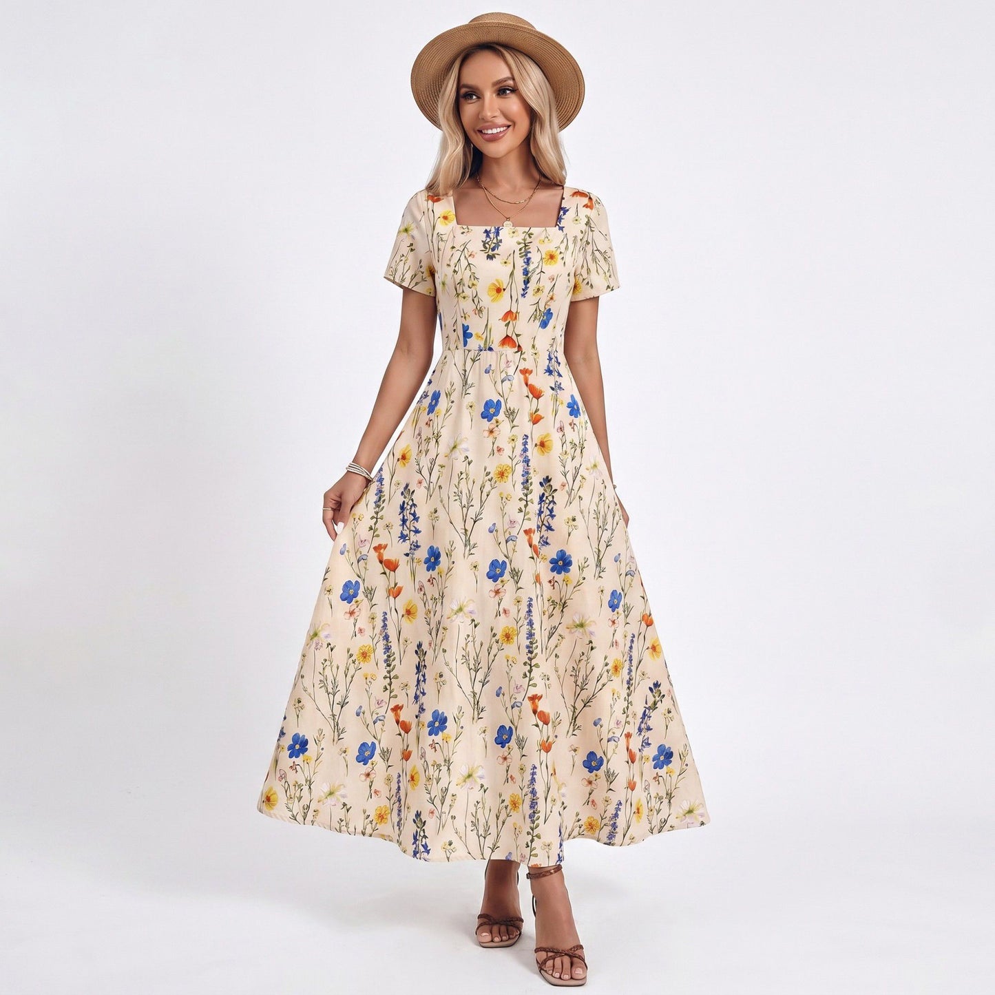Floral Maxi Dress Square Neck Short Sleeve A Line Button Front Dress