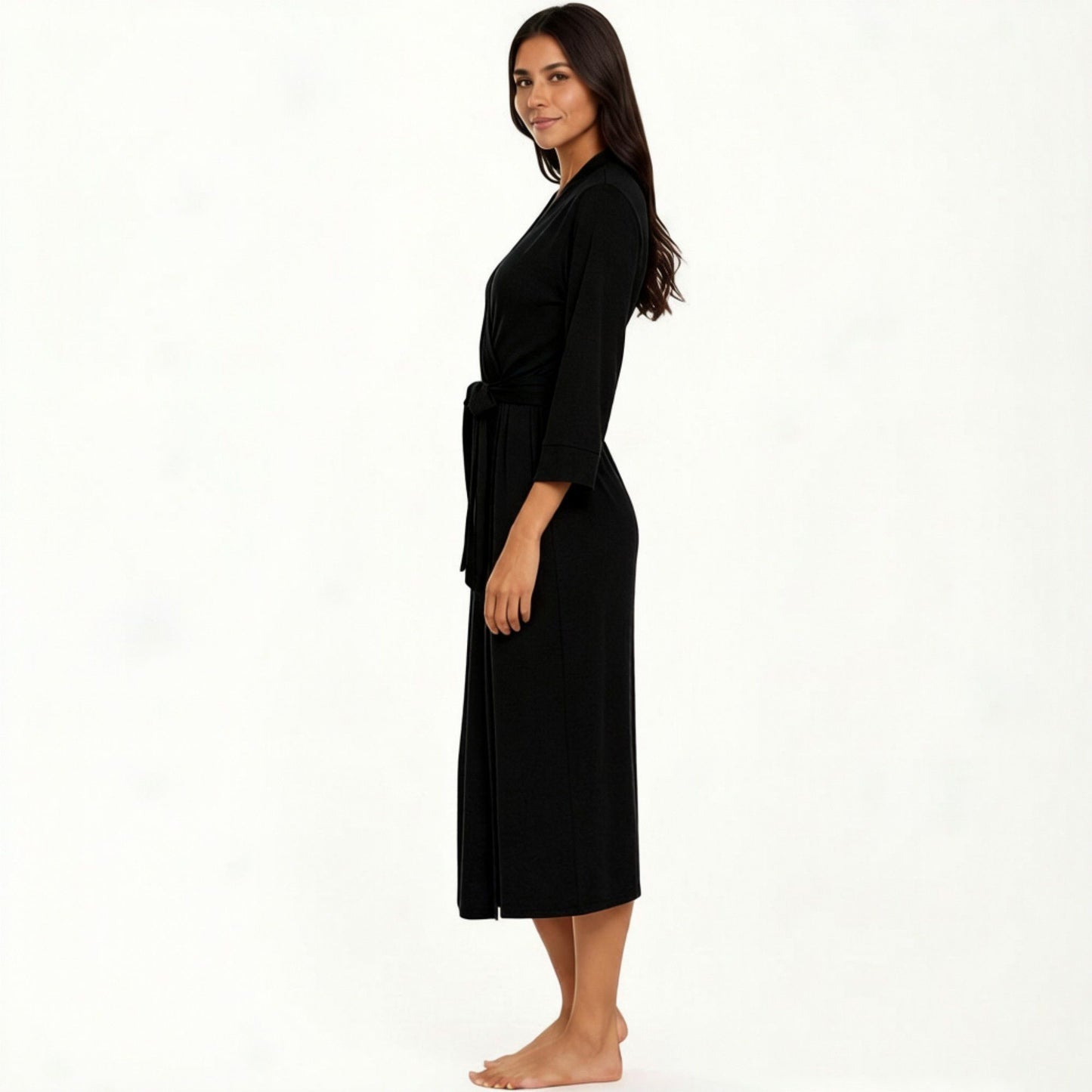 Long Lightweight Robe with Shawl Collar Tie Waist Belt Front Pockets Soft Knit Robe