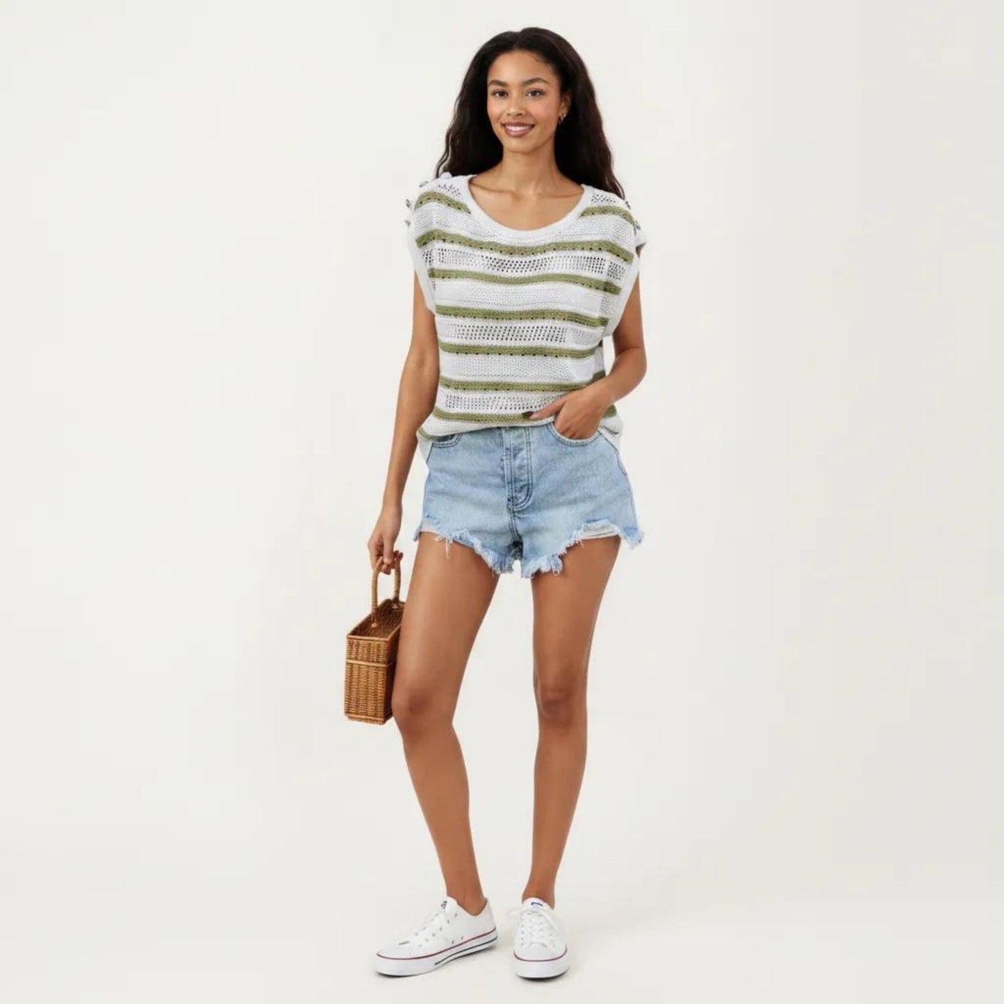 Short Sleeve Striped Open Knit Top with Button Shoulder Detail and Relaxed Fit