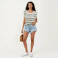 Short Sleeve Striped Open Knit Top with Button Shoulder Detail and Relaxed Fit