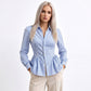 Striped Long Sleeve Button Down Peplum Shirt with Collared Neckline