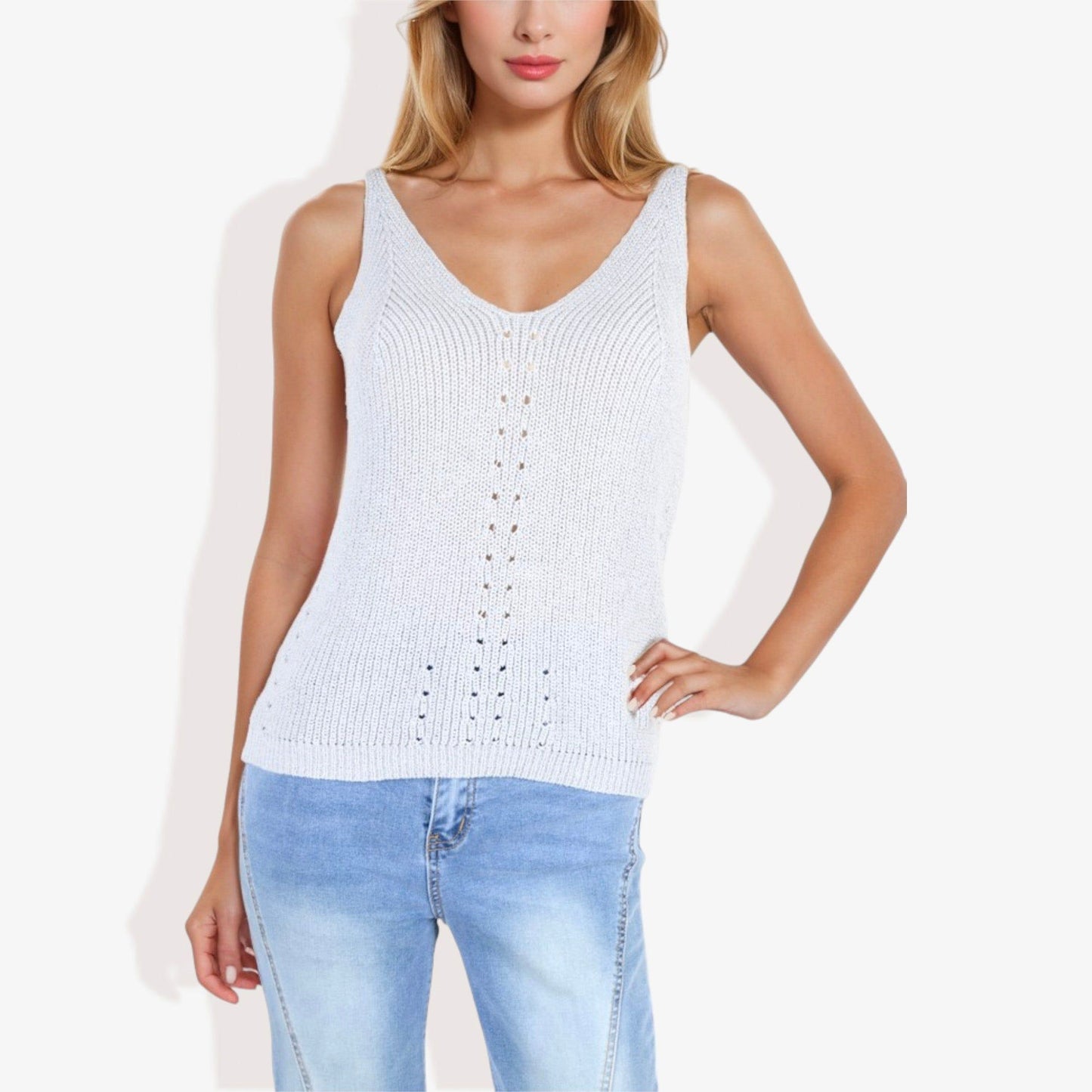 V-Neck Knit Tank Top With Eyelet Detail