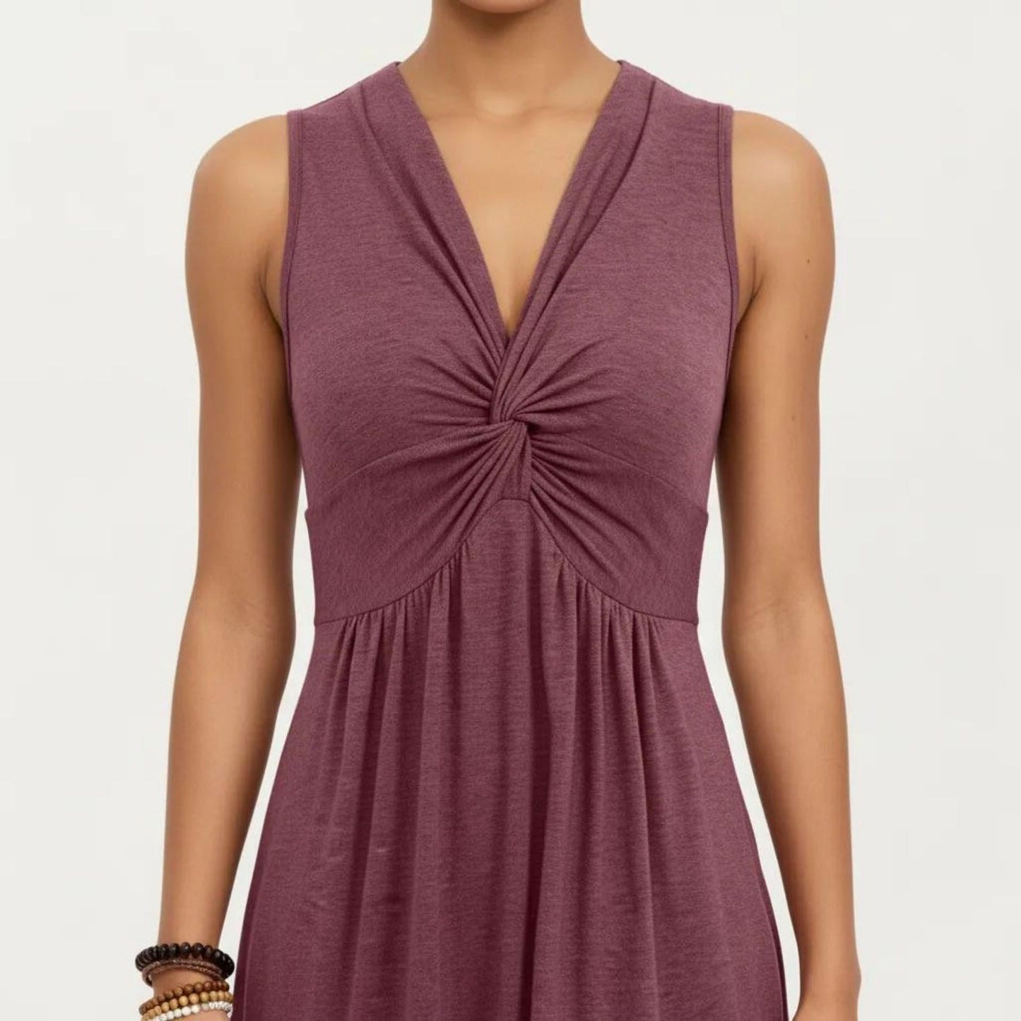 Sleeveless V Neck Midi Dress with Front Twist Detail and Flowy A Line Silhouette