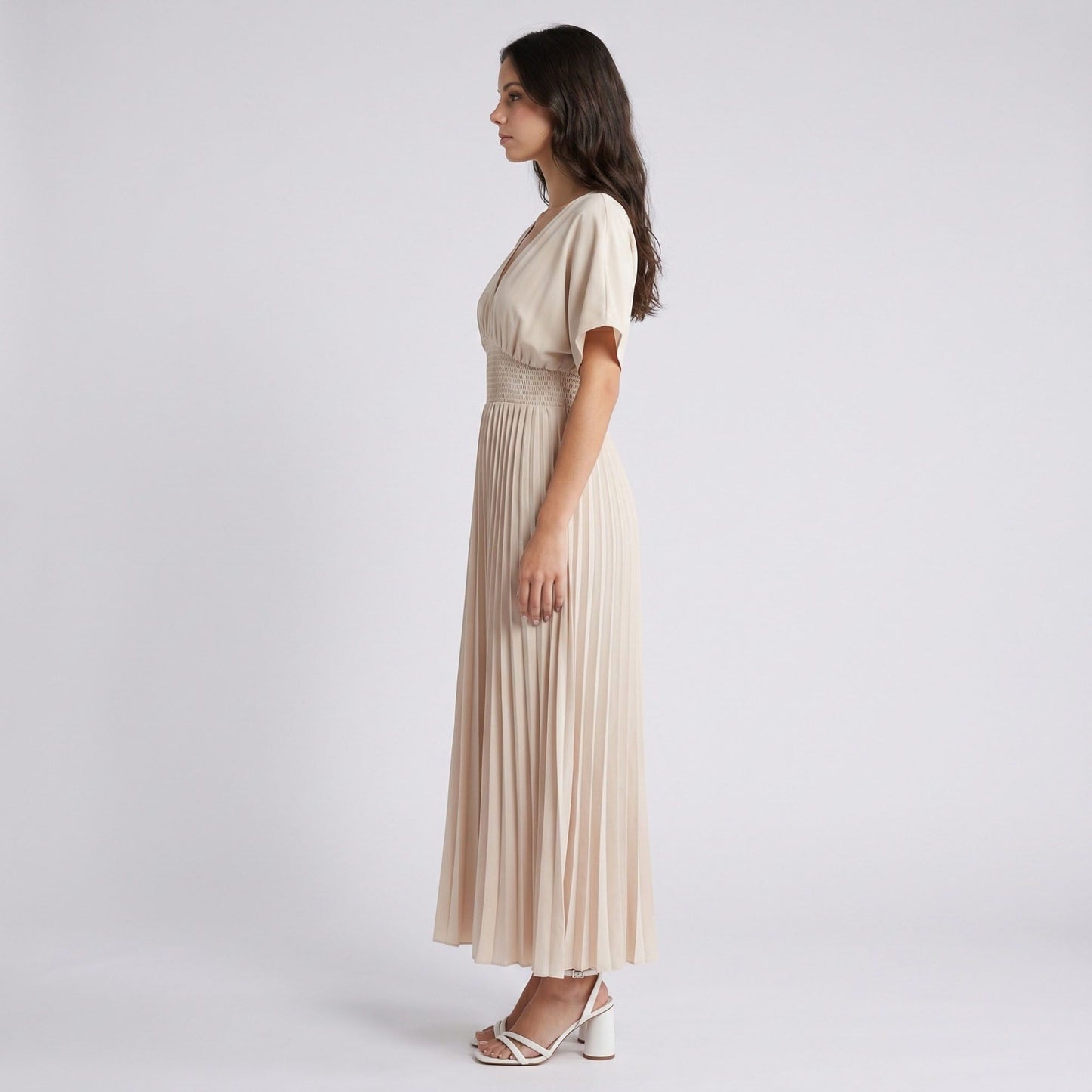 Pleated Maxi Dress with V-Neckline Short Flutter Sleeves Smocked Waist and Flowy A-Line Skirt