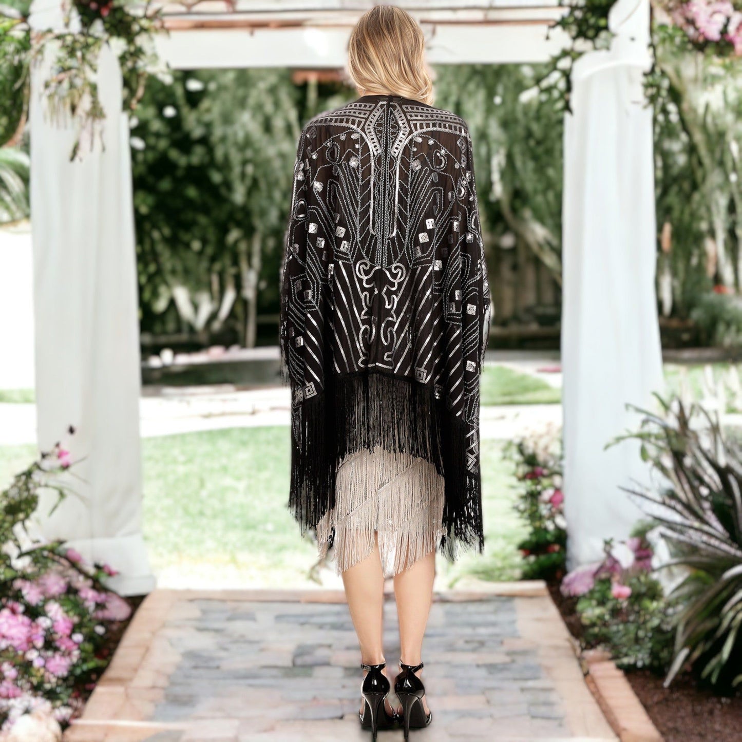 Semi Sheer Boho Sequin Fringe Sparkle Drop Shoulder Shrug