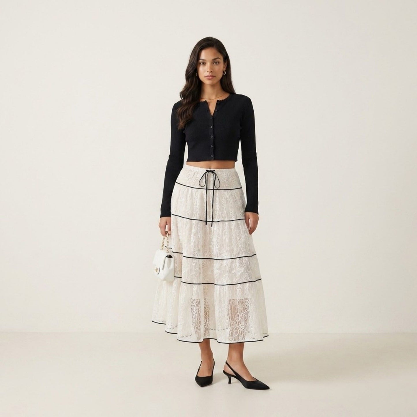 2 Piece Set Long Sleeve Crop Top Button Front Tiered Lace Maxi Skirt Outfit