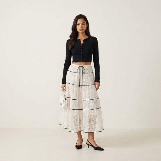 2 Piece Set Long Sleeve Crop Top Button Front Tiered Lace Maxi Skirt Outfit