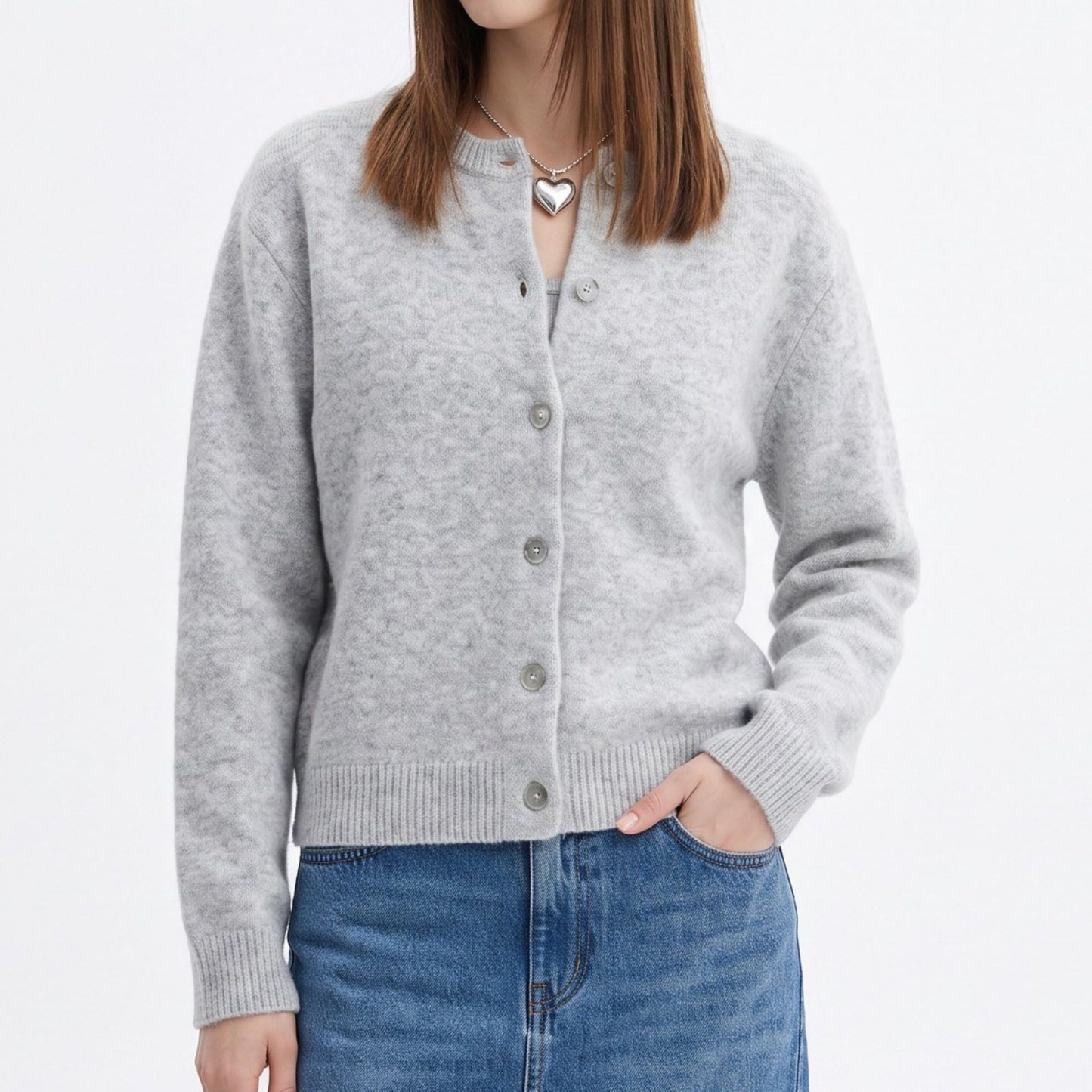 Soft Brushed Knit Crewneck Button Front Cardigan Sweater