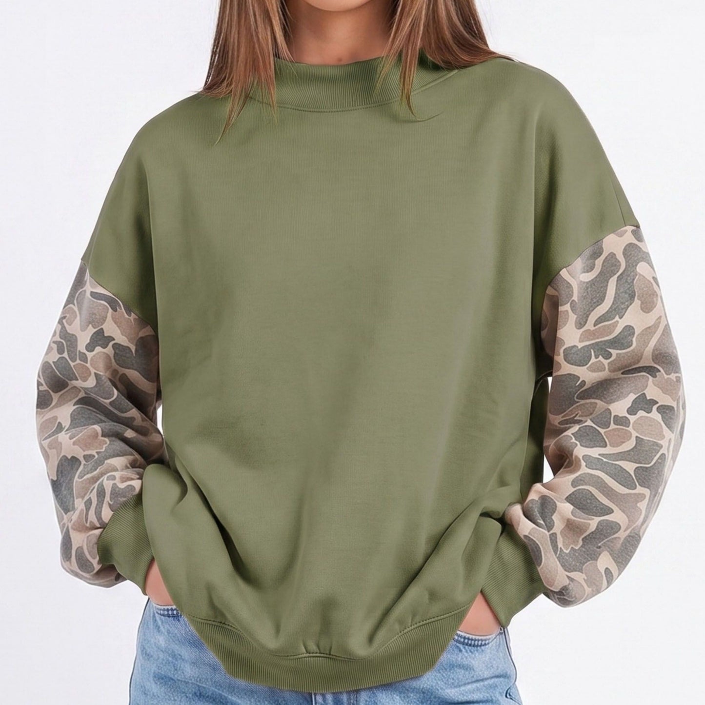 Camo Sleeve Mock Neck Long Sleeve Pullover Sweatshirt